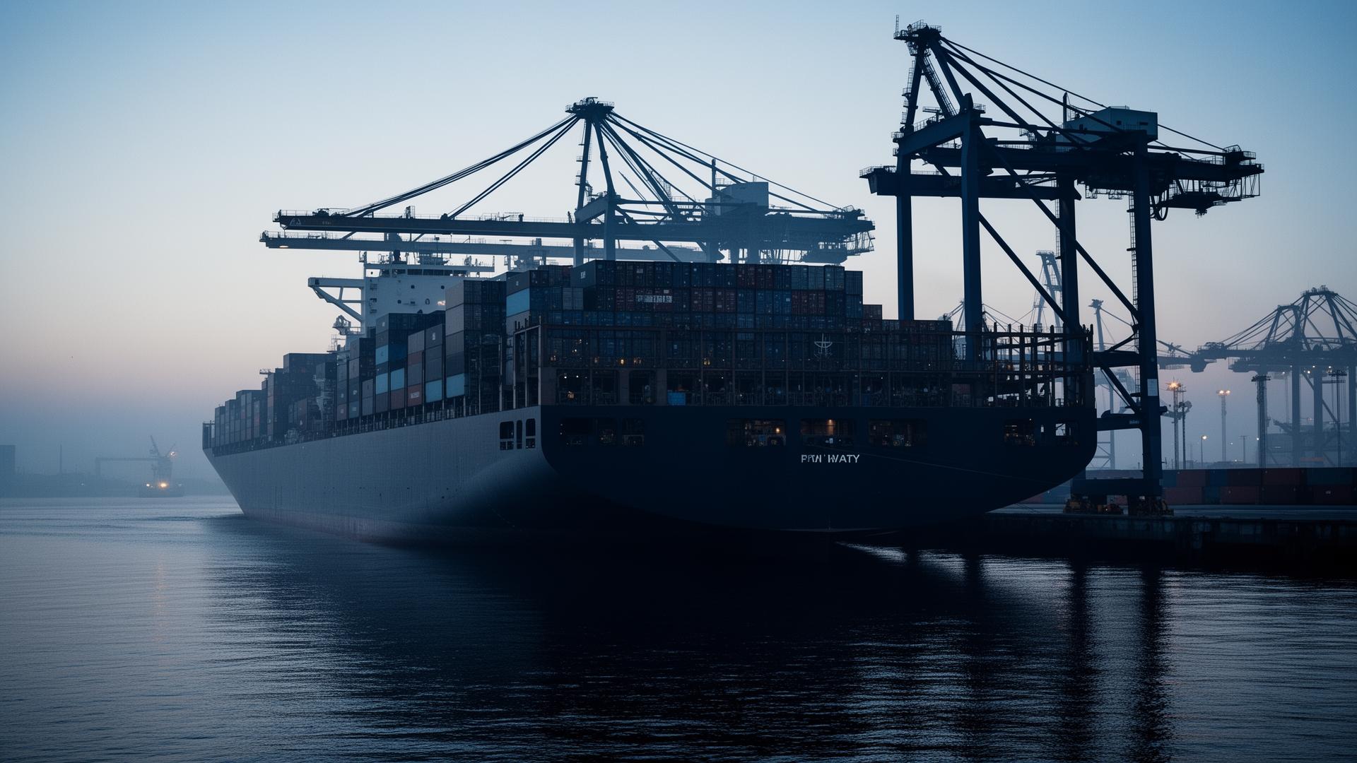 Container ship at port at dawn